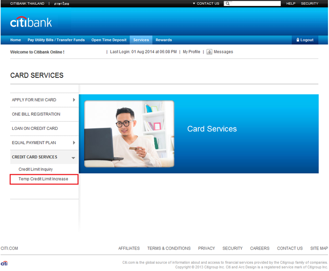 Image showing Step 3: Click “Credit Card Services” and “Temp Credit Limit Increase” on left navigation.
